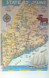 STATE OF MAINE Phillips Road Map Moose Greenville Bangor c1950s Vintage Postcard