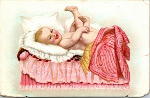 Vintage Postcard Beautiful BABY ON BED PILLOW - POSTED