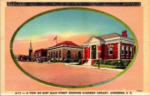 View E Main St Carnegie Library Anderson SC South Carolina Linen Postcard VTG 