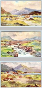 3 Postcards IRELAND ~ Artist W.J. Burrows BLUE HILLS, Stream, Turf Carrier 1910s