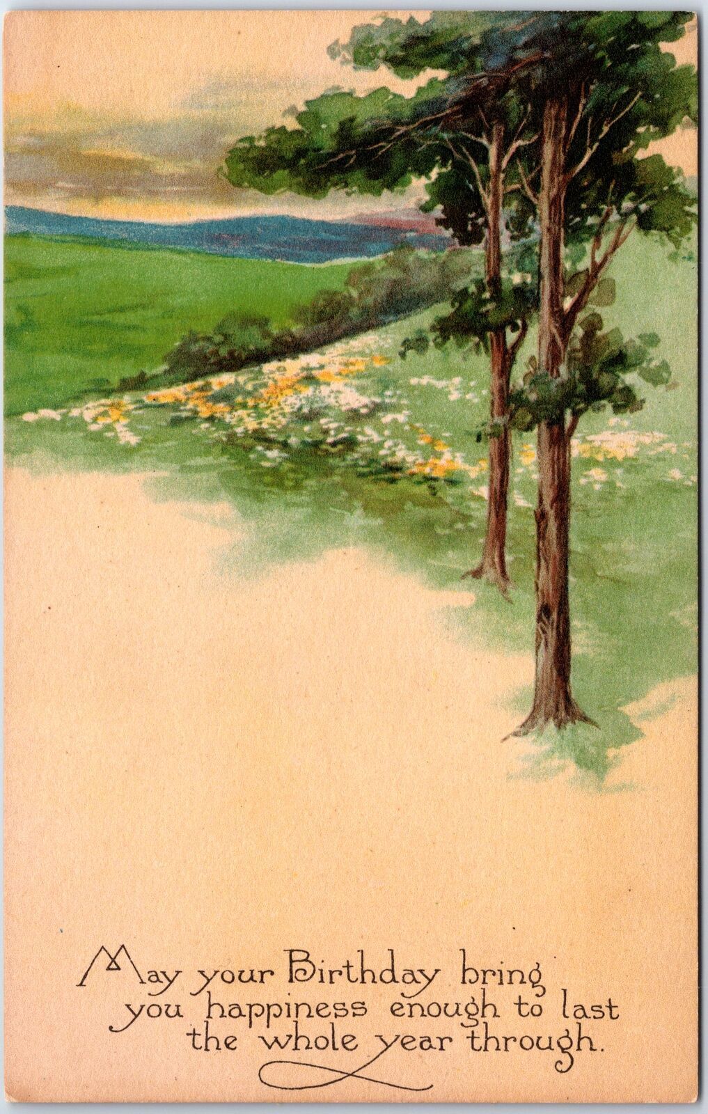 Vintage Postcard Birthday Wishes Greetings Meadowy Rolling Fieldsscape