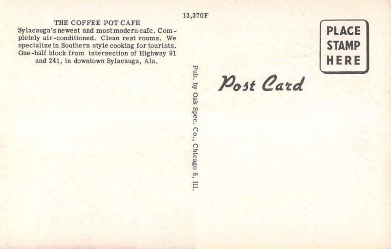Sylacauga Alabama Coffee Pot Cafe Vintage Postcard AA26437