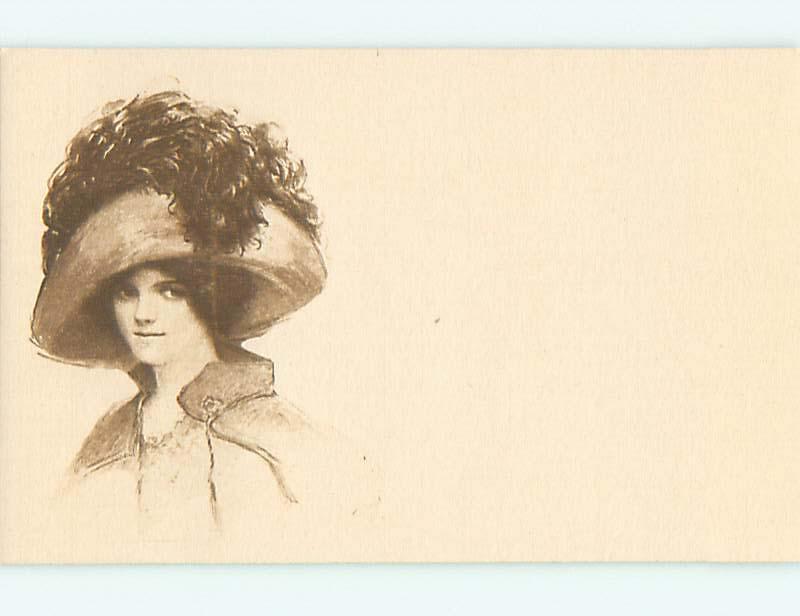 Unused Divided-Back art nouveau PRETTY GIRL WITH BIG PUFFY HAT r2539@