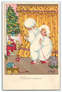 c1910's Christmas Tree Girls And Toys Bear Posted Antique Postcard