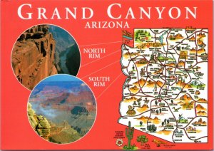 Postcard Arizona Map - Grand Canyon with pictures of North Rim and South Rim