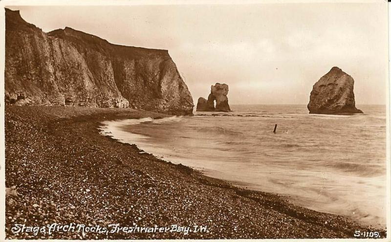 (y18) Wight Freshwater Bay Stag & Arch Rocks Postcard