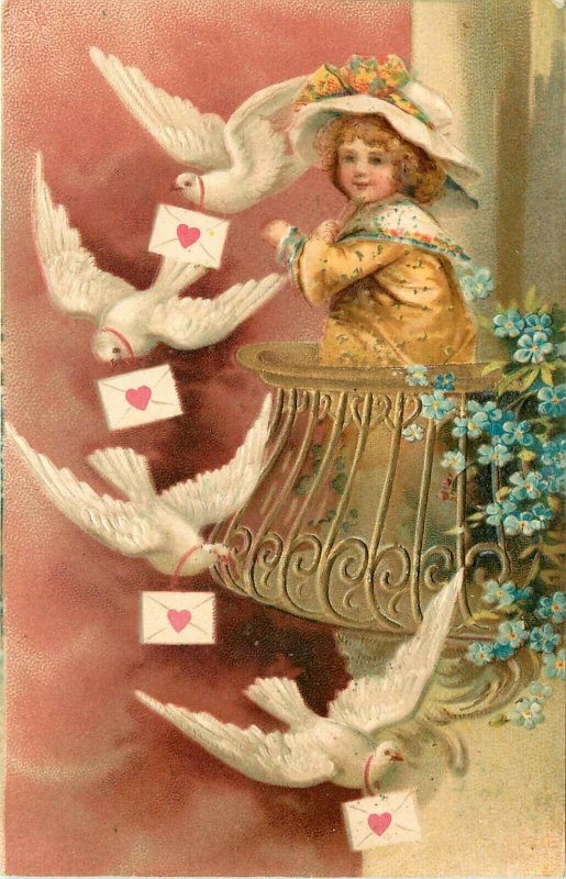 Embossed Valentine Postcard Girl in Gold on Golden Balcony Doves Carry Letters