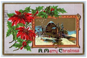 Minneapolis MN Postcard Christmas Poinsettia Flowers Berries Winter Embossed