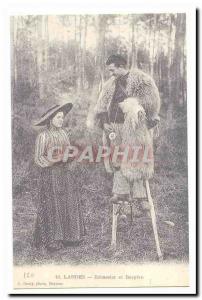 COPYRIGHT Landes Old Postcard Echassier and shepherdess