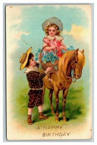 Vintage 1910's Birthday Postcard Cute Children Gold Basket Blue Flowers & Pony