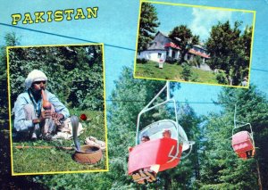 VINTAGE POSTCARD CONTINENTAL SIZE SNAKE CHARMER AND AIR TROLLEY AYUBIA PAKISTAN