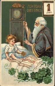 New Year Father Time Rings Bell on Clock Child & Clovers Gilt Inlay Postcard