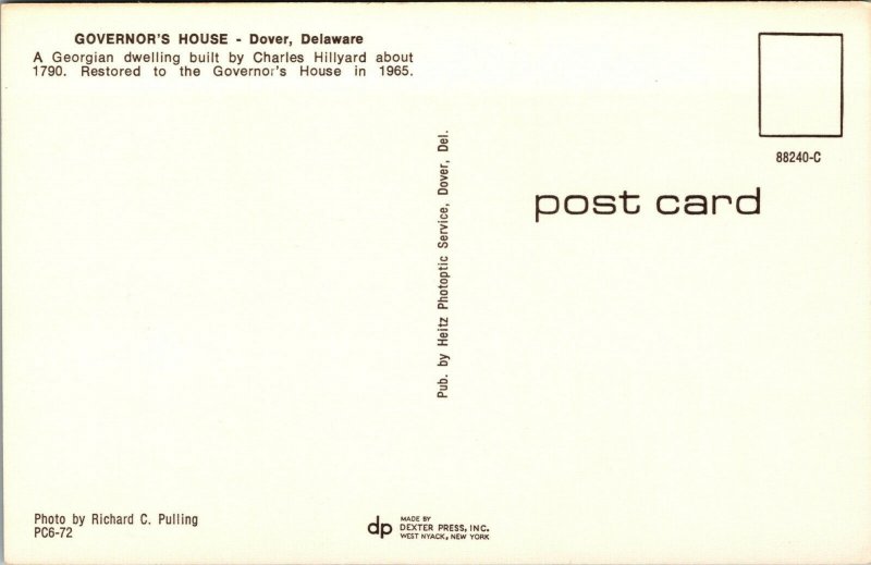 Vtg 1950s Governor's House Home Dover Delaware DE Unused Chrome Postcard