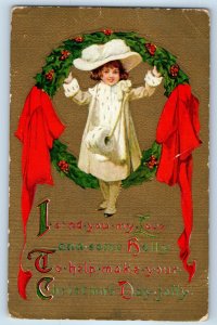 c1910's Christmas Child Girl Wreath Berries Embossed Adams New York NY Postcard