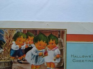 Fantasy Halloween Postcard Whitney Pixies Green Haired Children Black Cats Rare 