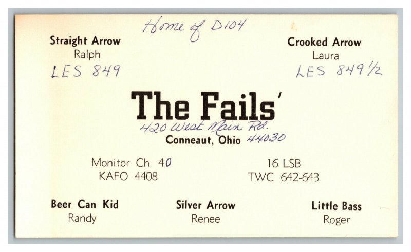 Postcard QSL Radio Card From Conneaut Ohio KAFO 4408