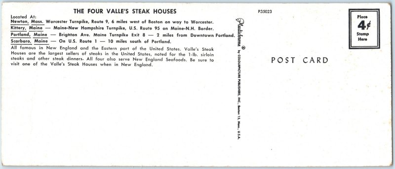 c1960s Chestnut Hill, MA / Kittery, ME Valle's Steak House Oversized Postcard 3S