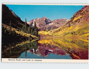 Postcard Maroon Peaks and Lake in Autumn, Colorado