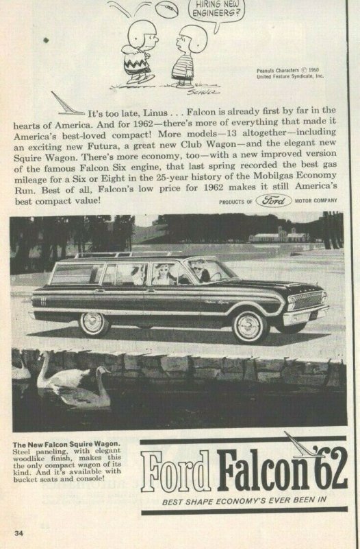 1962 Ford Falcon Automobile Vintage Print Ad Featuring Peanuts Charlie Brown