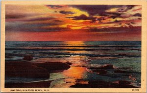 Sun Setting Low Tide Hampton Beach NH Rocks Waves VTG Postcard Linen Unused UNP 