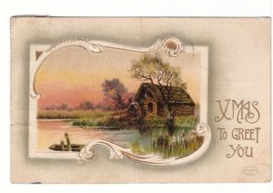 Xmas To Greet You, Rural Scene, Vintage 1910 Embossed Christmas Postcard