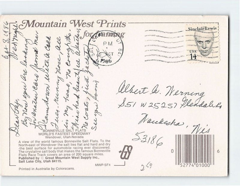 Postcard Bonneville Salt Flats Wendover Utah-Nevada USA