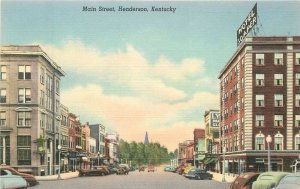 Kentucky Henderson Main Street automobiles Loge linen Postcard 22-7693