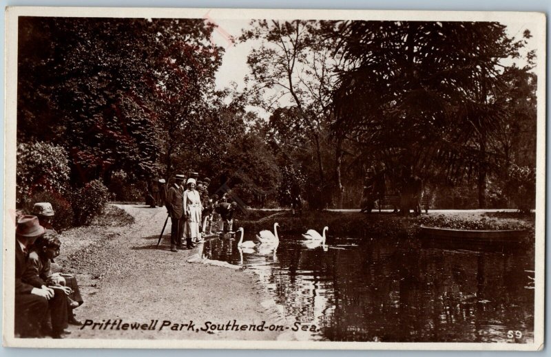 c1930s Southend-on-Sea, England RPPC Prittlewell Park Feed Swan Ducks Group A187