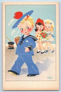 Ellis Artist Signed Postcard Sweden Sailor Smoking Cigar Little Girls Flowers