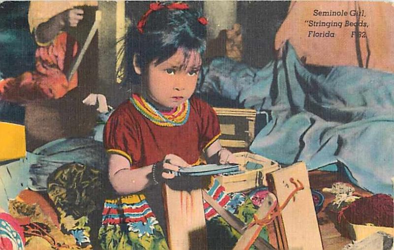 Linen of Little Seminole Girl Stringing Beads in Florida FL1