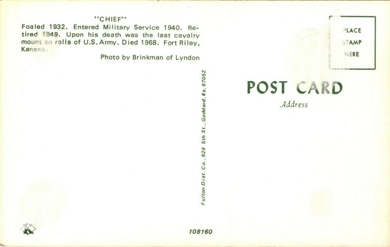 Postcard KS Fort Riley Chief Last Horse Used by US Cavalry Forces 1970s M62