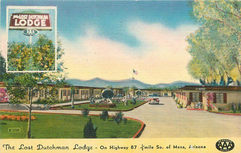 Colorpicture Lost Dutchman Lodge roadside Mesa Arizona 1940s Postcard 13661