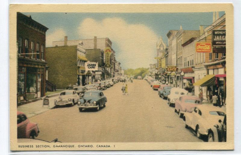 Street Scene Cars Ganaque Ontario Canada postcard