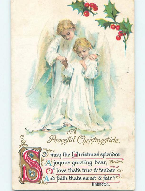 Pre-Linen christmas ANGEL PUTS HAND ON SHOULDER OF SMALLER ANGEL HL0340