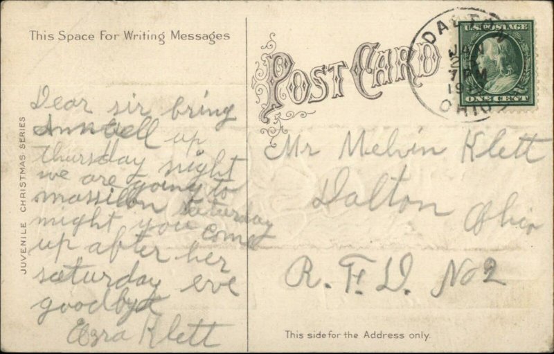 Christmas - Santa Claus w/ Tree Peeks in Doorway c1910 Embossed Postcard