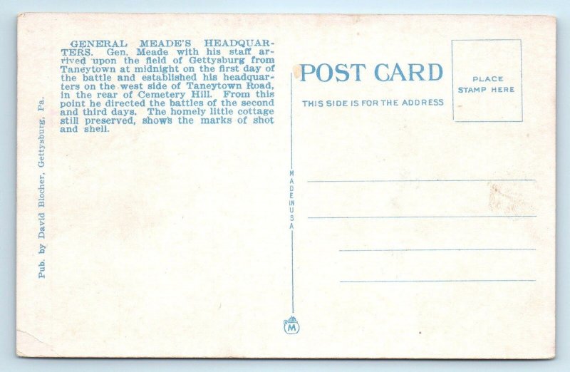 GETTYSBURG, PA ~ General MEADE'S HEADQUARTERS c1920s  Postcard