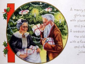 Christmas Postcard Whitney Older Folks Man And Women Decorated Tree Bag Of Gifts