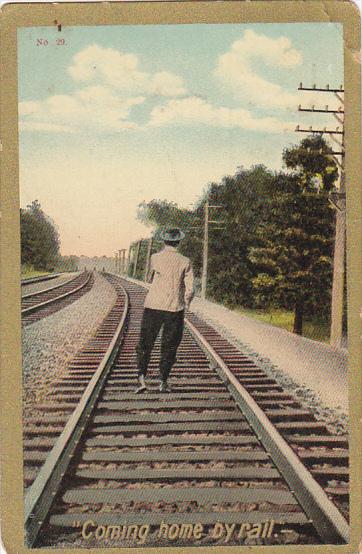 Man Walking On Railroad Tracks Coming Home By Rail 1909