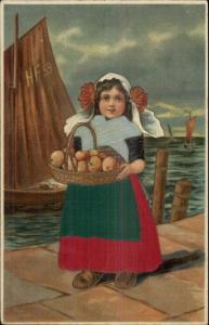 Little Girl on Dock w/ Basket of Apples REAL SILK DRESS c1910 Postcard #1