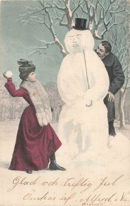 Vintage Swedish Christmas Postcard Snowman Couple Winter Scene Finland Postmark