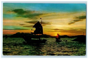 c1960 Sunset and Sailboats View, Hongkong Unposted Vintage Foreign Postcard 