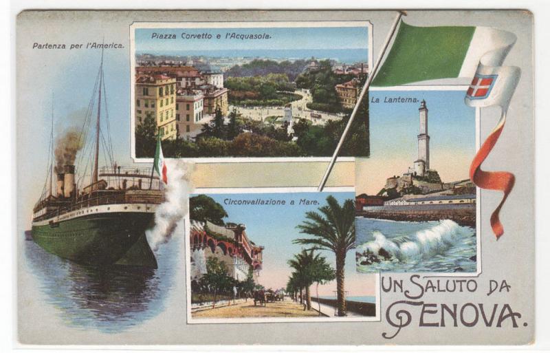 Saluto Da Genova Ship Porto Lanterna Flag Genoa Italy 1910s postcard