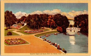 Beautiful Lagoon Mound Belle Isle Detroid Michigan Vtg Linen Postcard Flag Boat 