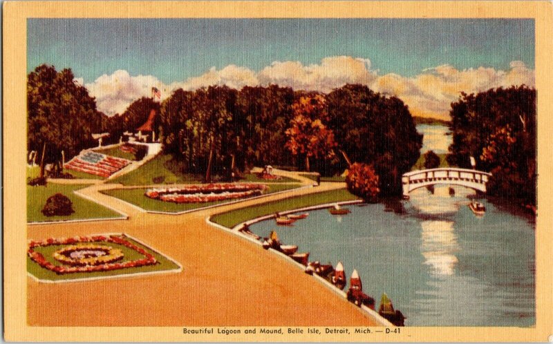 Beautiful Lagoon Mound Belle Isle Detroid Michigan Vtg Linen Postcard Flag Boat 