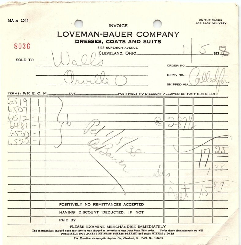 1938 LOVEMAN-BAUER CO. CLEVELAND OH DRESSES COATS SUITS BILLHEAD INVOICE Z1067