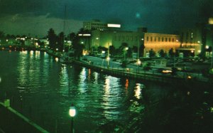 Fort Lauderdale Florida Mysterious New River at Night Buildings Vintage Postcard