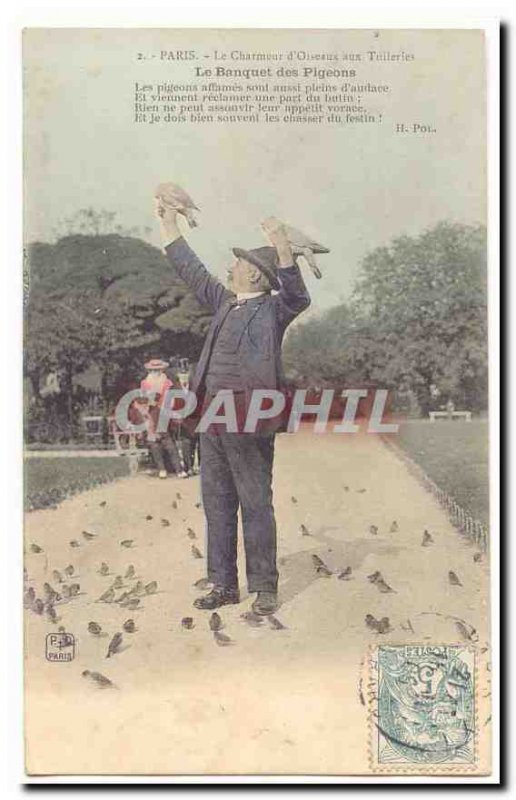 Paris Old Postcard The charmer of birds to tile The banquet pigeons