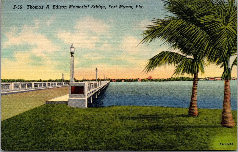Vtg 1930s Thomas A Edison Memorial Bridge Fort Myers Florida FL Unused Postcard