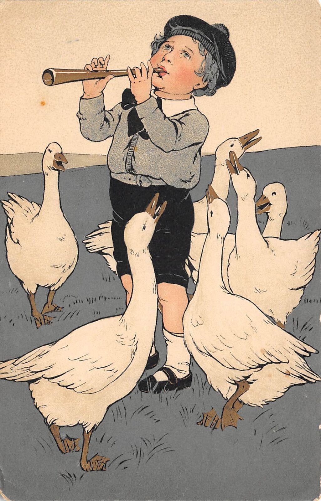 Child Playing Flute For Group Of Geese, Color Lithograph, Vintage PC ...