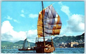 HONG KONG HARBOR, CHINA Chinese Junk ~ Advertising Pan American Airline Postcard